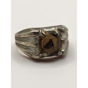 Vintage Sterling Silver Mens Ring Carved Wood Center Statement